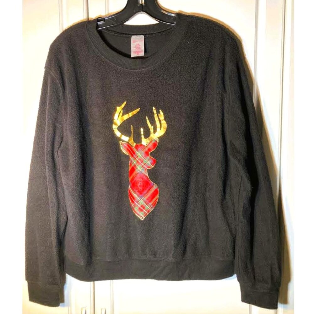 NOBO FURRY BLACK KNIT GOLD & PLAID REINDEER SWEATER – JUNIOR LARGE (11-13)